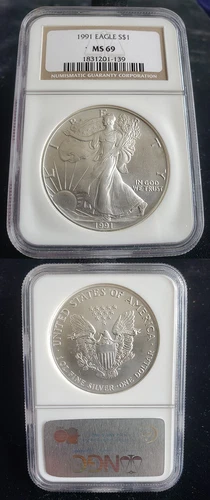 1991 American Silver Eagle 1 Oz Graded NGC MS69 Brown Label 24375