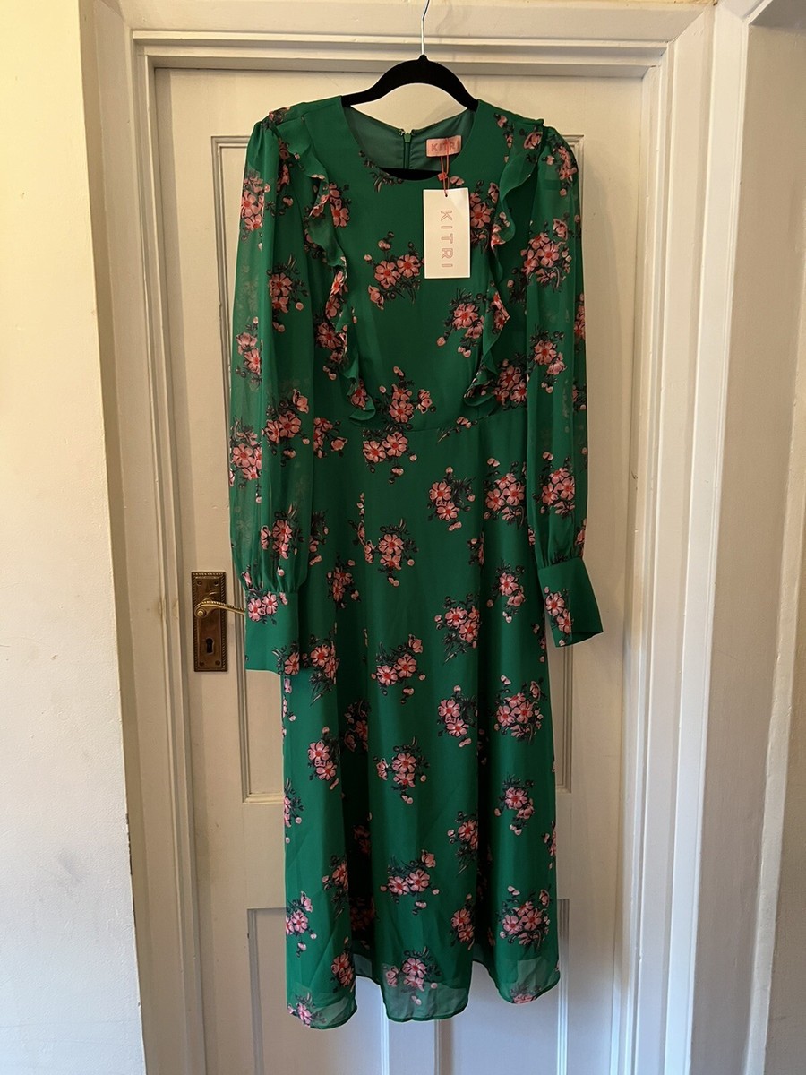 New With Tags Kitri Green Pink Floral Print Gina Vintage Frill Midi  Dress,UK12