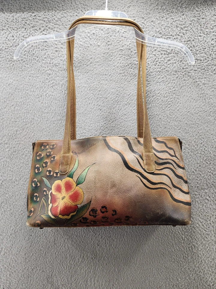 Bolso de mano de cuero pintado a mano Anuschka floral flor mariposa Foto 2 de 4