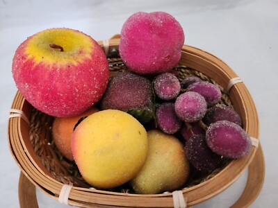 VTG Basket Sugar Frosted Faux Fruit Strawberry Pear Apple Peach Grapes Nut 15 Pc