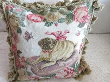Adorable Prestigious French Pug w PINK Cabbage Roses &  a Bow Needlepoint Pillow