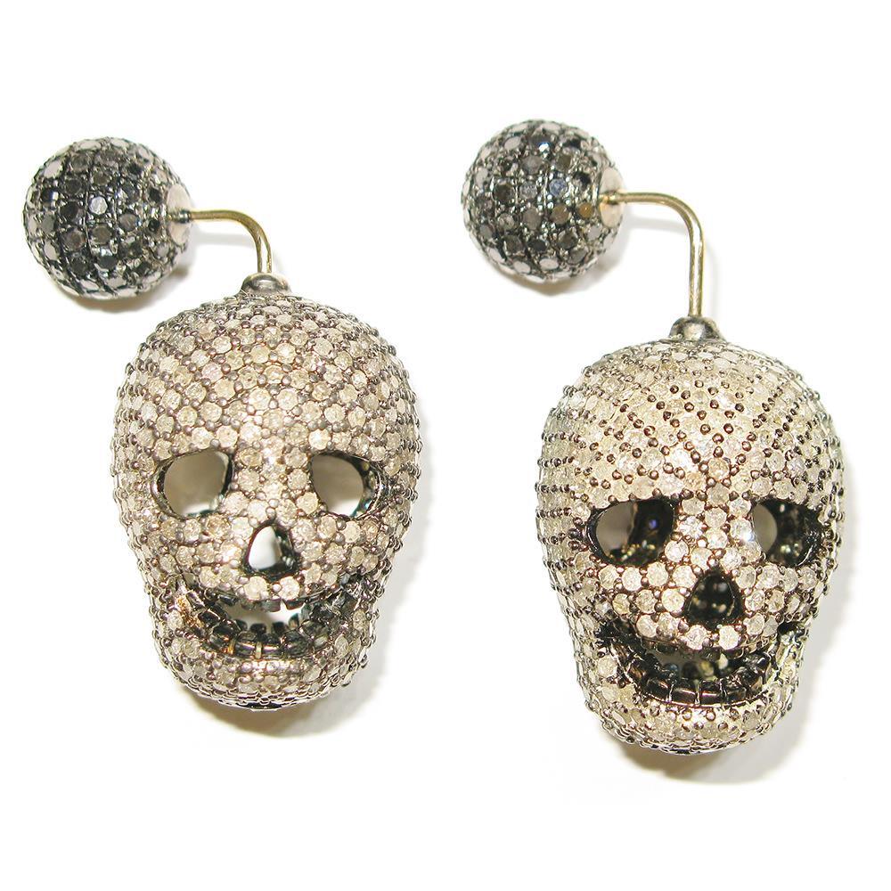 12.98Ct Diamond Double Sided Drop Skull Earrings 925 starling Silver