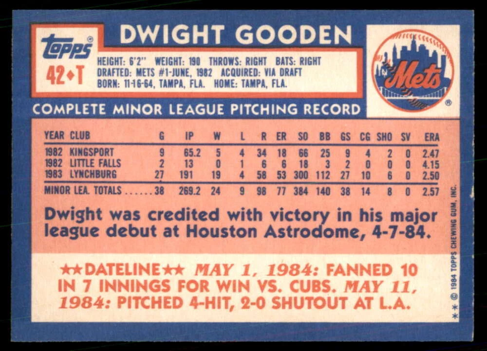 1984 Topps Dwight Gooden #42T Rookie Baseball Card Mets 220811 PF1