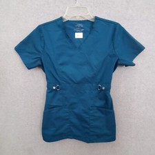 Cherokee Luxe Women Scrub Top XS Blue Pockets Adjustable Waist Short Sleeve
