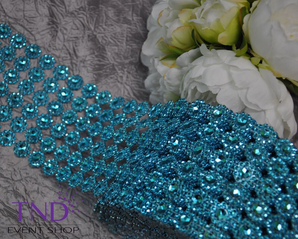 5x10 Yards Shiny Turquoise Diamond Rhinestone Ribbon Wrap Roll