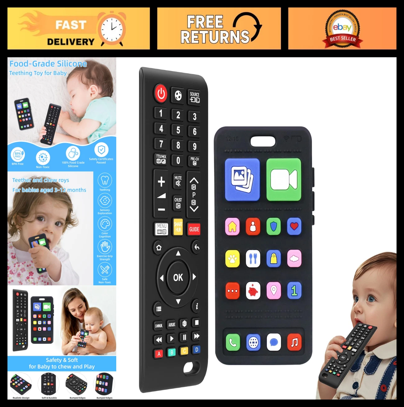 Silicone Baby Teething Toys 0-18 Months, Phone & Remote Teether, 2 Pack Sensory