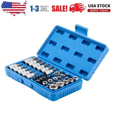 34pcs Torx Star Sockets & Bit Set Male Female E-torx Security Bits 3/8 Drive R