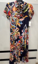 MSK Womens Navy Multicolor Floral Print Belted Midi Dress With Gold Ring Zipper