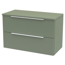 Tixall Fluted 2 Drawer Wall Hung Vanity Unit with Worktop, Satin Green, 800mm
