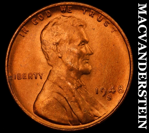 1948-S Lincoln Wheat Cent- Red- Choice Gem Brilliant Unc++++ No Reserve #J2594