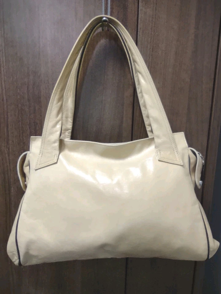 Bolso de Mano Petusco Cuero Crema Cartera con Borde de Cuero Marrón Italia 14"X11"X3" Foto 2 de 4