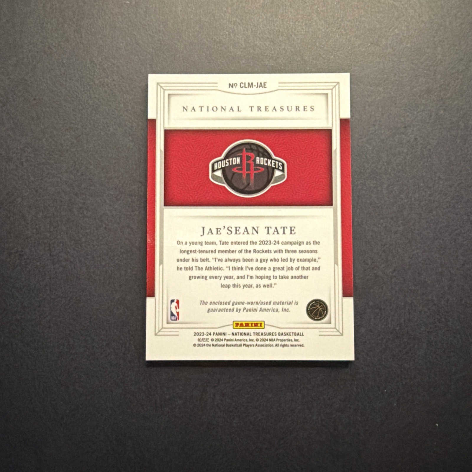 2023-24 National Treasures Jae’Sean Tate 1/1 Logoman CLM-JAE view 2