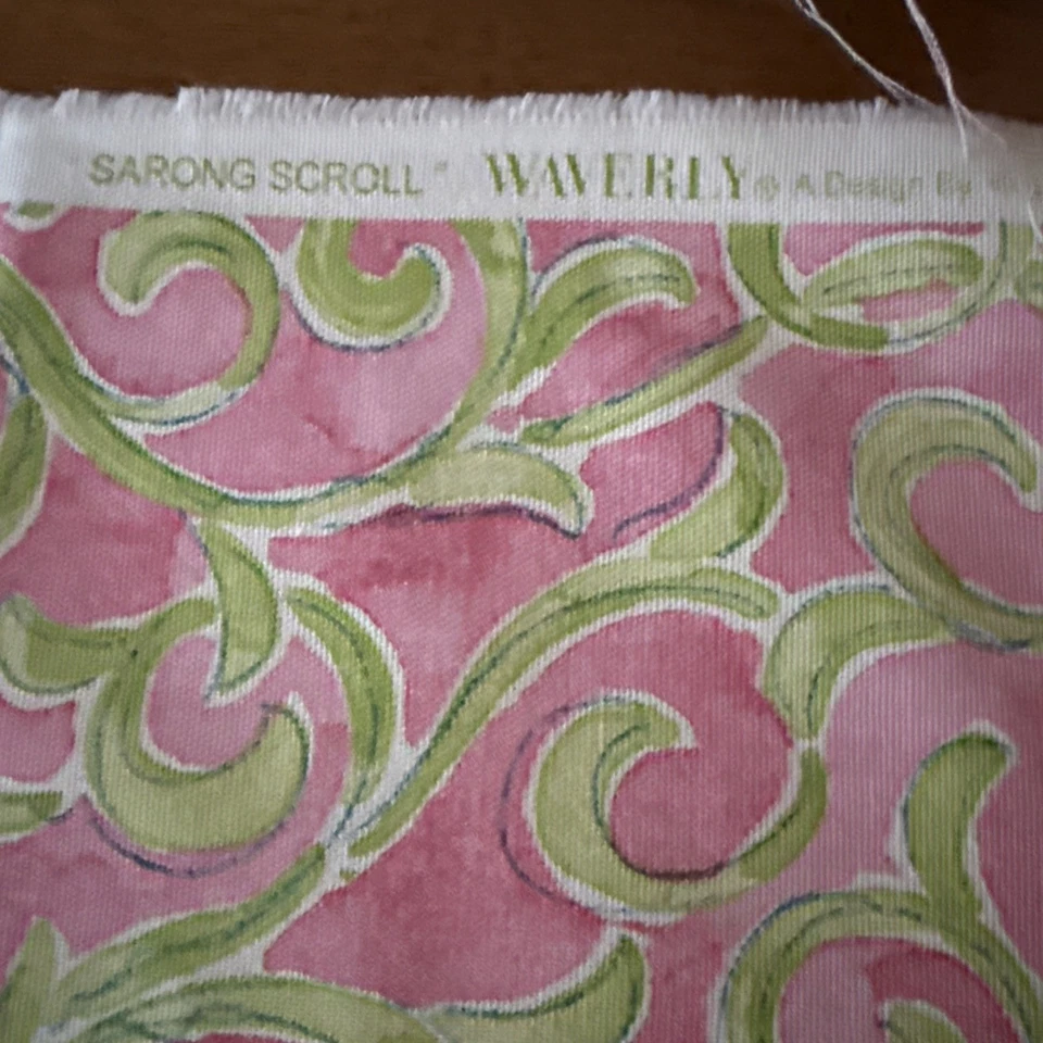 Waverly Pink & Green Sarong Scroll 100% Cotton Fabric  29x49 PIECE - Image 3 of 4