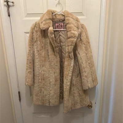 Juicy Couture Beige Faux Fur Coat Quilted Mid-Length Lined Button Women's M