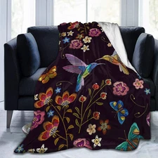 Hummingbird Bird Fleece Throw Blanket Ultra Soft Cozy Blooming Flowers Decorativ