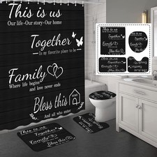 4Pcs Family Shower Curtain Sets with Non-Slip Rugs, Toilet Lid Cover and Black