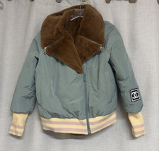 Sage Green Bomber Jacket Puffer Faux Fur Collar Logo Patch Sz eu 40  HW