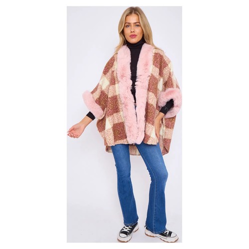 Taupe Faux Fur Front Opening Check Cape - Picture 7 of 14
