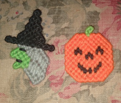 Vintage Halloween Hand Crafted Needle Point Evil Witch  and Pumpkin Coat Pin