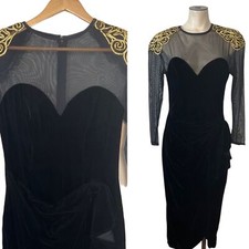 VINTAGE sz 2/4 XS/Small Dress Velvet Sheer Mesh Top & Back Maxi Black Gold