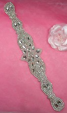XR321 Bridal Sash Motif Silver Beaded Crystal Rhinestone Applique 11.75"