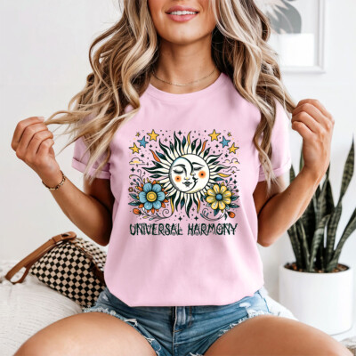 Universal Harmony Sun Moon Celestial Damen T-Shirt Spiritual Graphic Tee