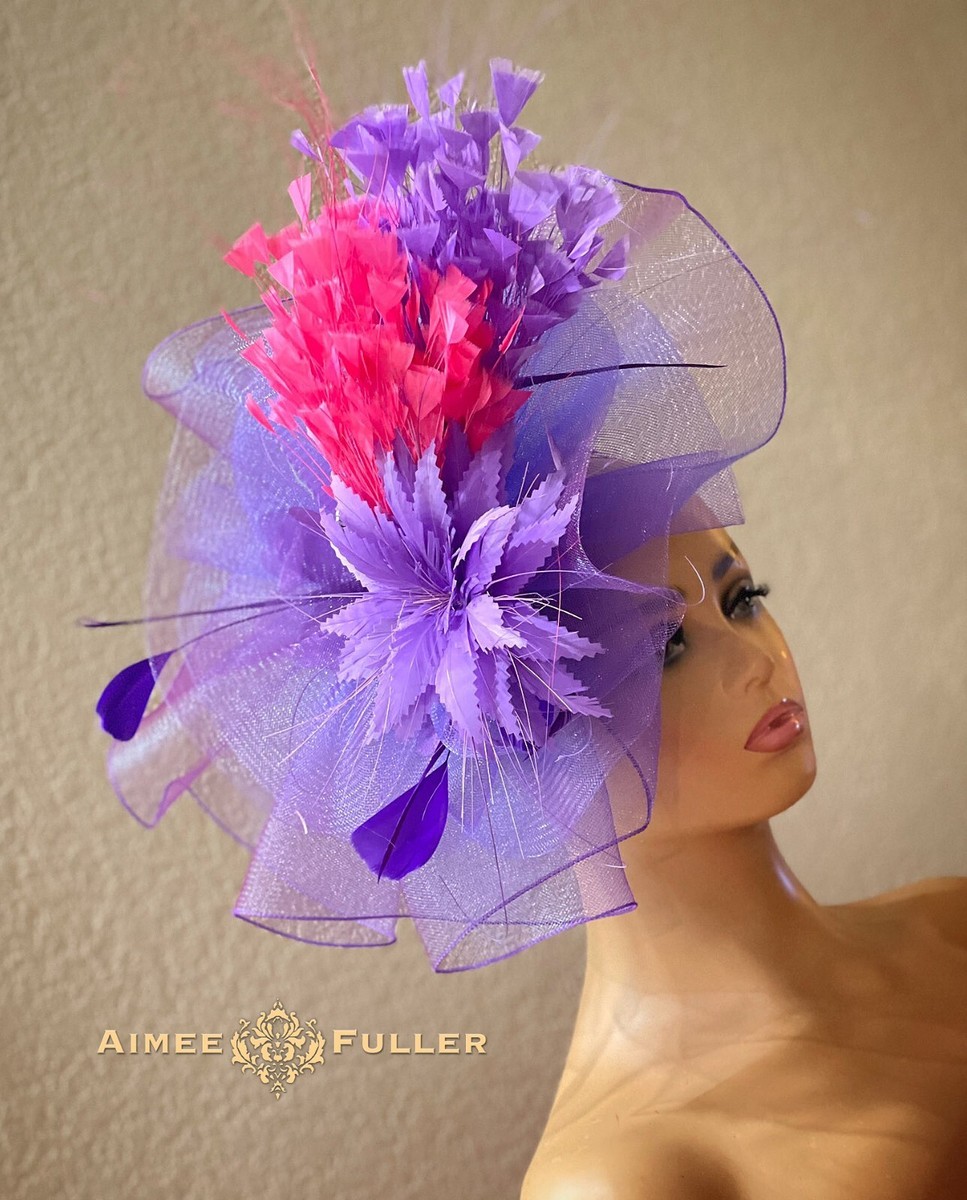 NEW! Purple-Pink Fascinator Hat Hot Pink Purple Feather Hat Fascinator Sinamay Disc Saucer  main image 3