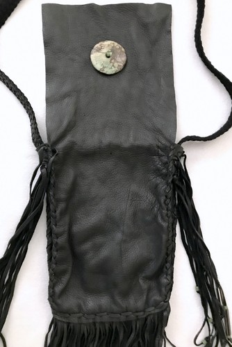 Vintage handmade black leather fringed crossbody with genuine turquoise NEW - Picture 7 of 9