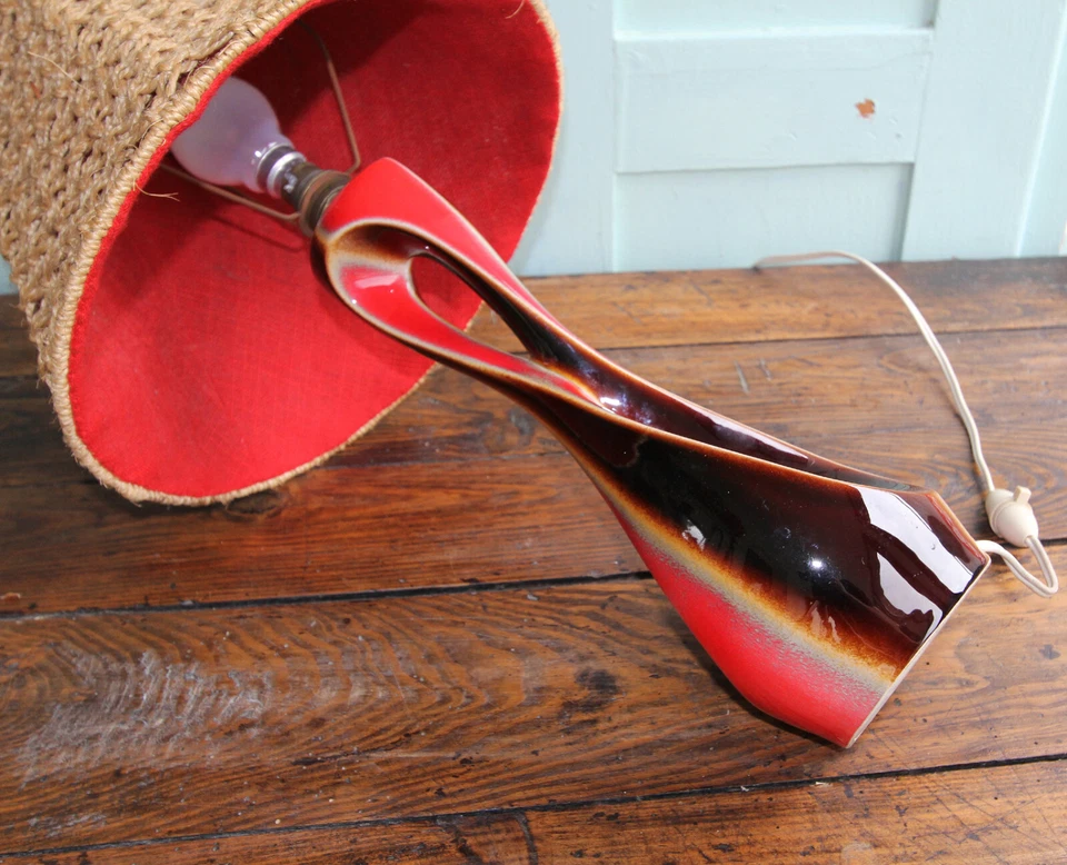 Lampe Céramique era Vallauris Abat-jour en corde et tissu Déco Vintage H.52cm - Photo 3/4