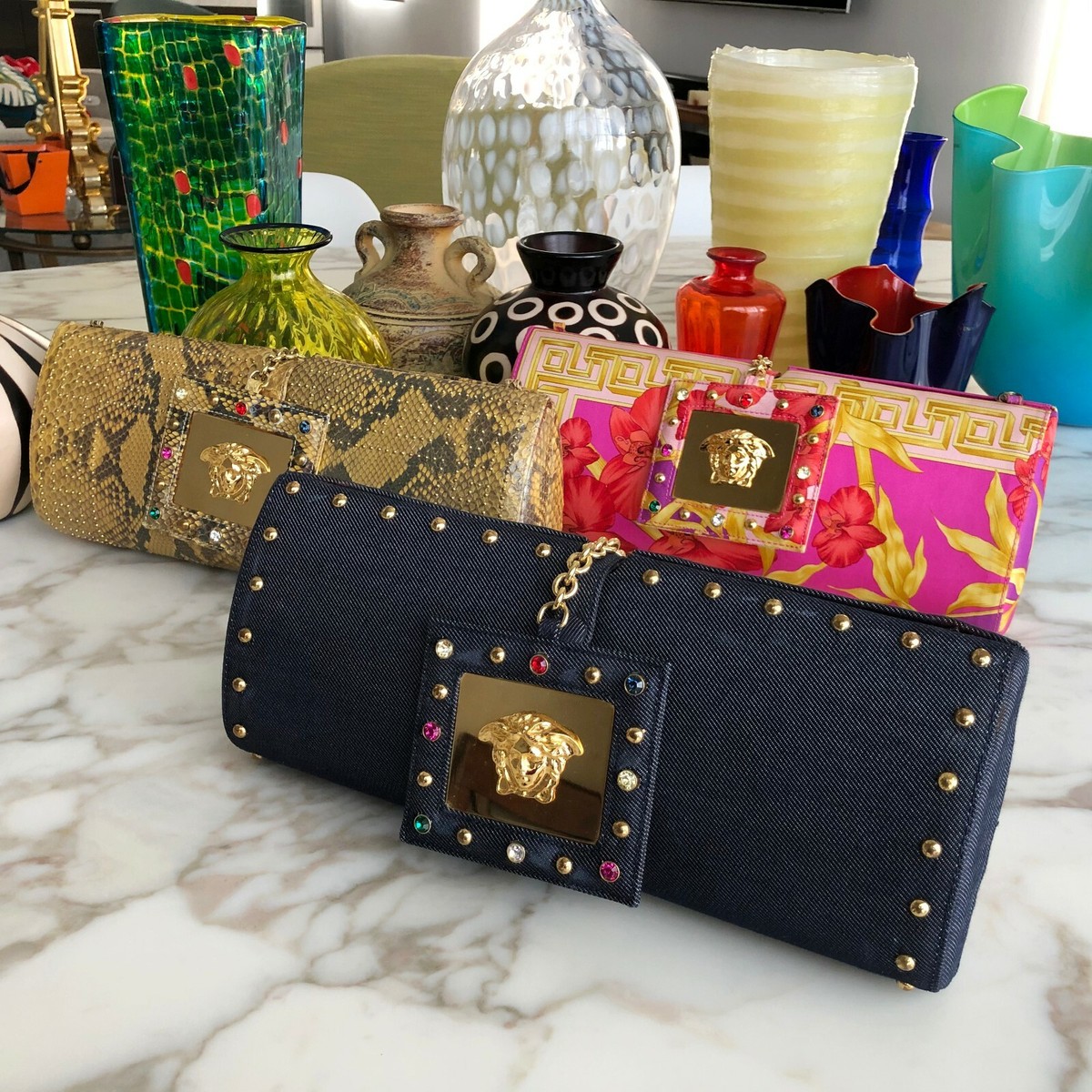 GIANNI VERSACE Studded Denim Clutch Bag w/ Mirror Medusa Head from