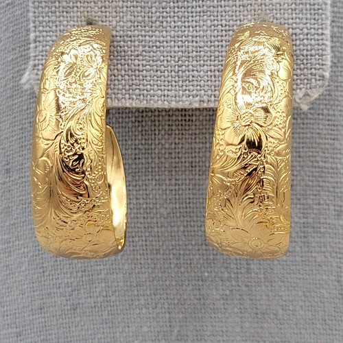 Goldfarbene Clip On Halbcreolen gestempelt florales Design strukturiert Vintage - Bild 2 von 6