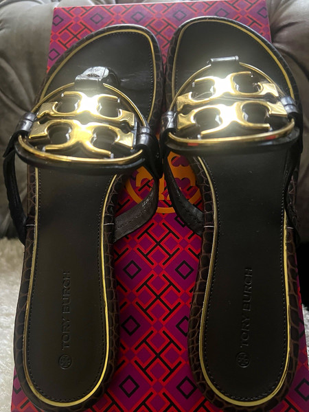 Tory Burch Women Croc Embossed Thong Slip-On Sandals Logo Brown/Gold US 9
