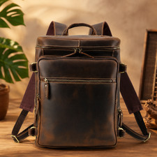 Full Grain Handmade 16" Leather Laptop Backpack Travel Office Daypack Brown Bag