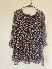 Free People Mini Dress Womens Small Black Floral Long Sleeve Smocked Cottagecore