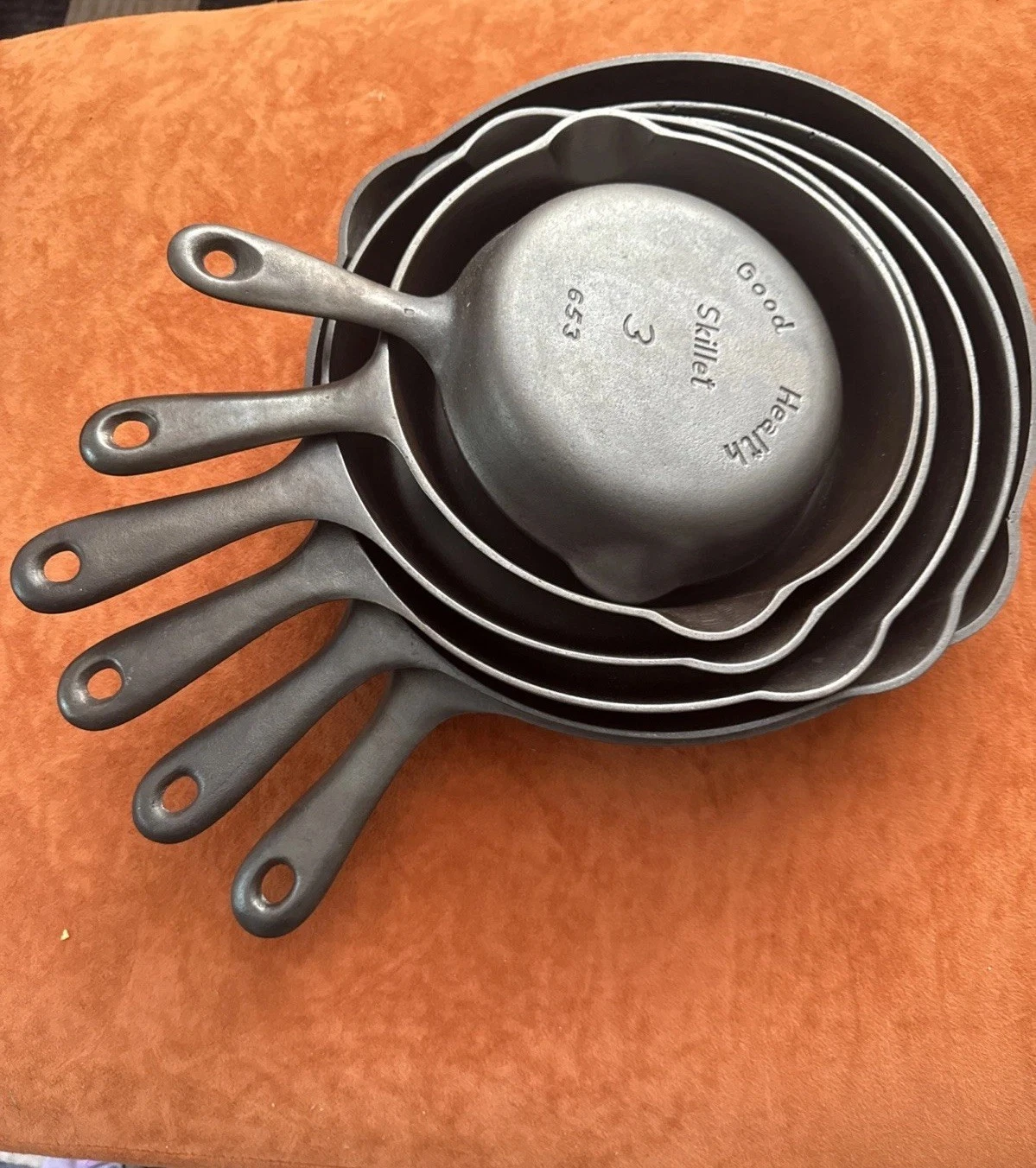 Griswold Good Heath Cast Iron Skillet Set Numbers 3,5,6,7,8,9 /Circa 1920s-1930s