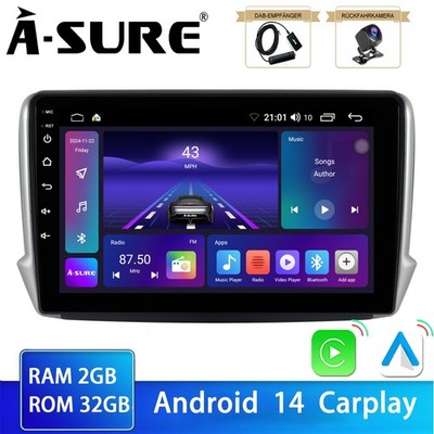 DAB KAM Carplay 2+32G Android14 Autoradio für Peugeot 2008 208 2012-2018 Navi FM