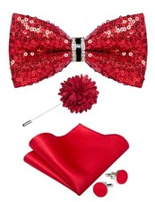 Sequin Bowtie for Men Solid Adjustable Pre-tied Bow Tie  Pocket Bright Red
