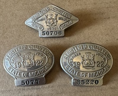 3-vintage Michigan Chauffeur Badges 1921, 1922 Registered 5077 50706 35220 Lot