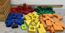 Wooden Building Blocks Multicolor Assorted Shapes 75 Piece Vintage Educational