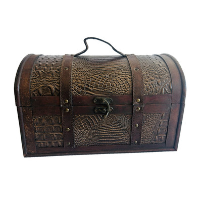 Vintage Wooden Embossed Trinket Box Chest Hinged Lid Latch Handle Textured 13in