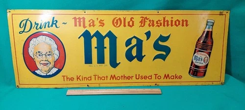 Vintage Original Drink Ma's Old Fashioned Rootbeer Soda Pop Tin Advertising Sign