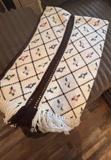 Vintage Handwoven Floral Throw Blanket 49x69 Cream Brown Fringe Cottagecore Boho