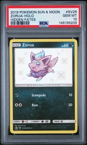 2019 POKEMON SUN & MOON HIDDEN FATES #SV25 ZORUA-HOLO PSA 10