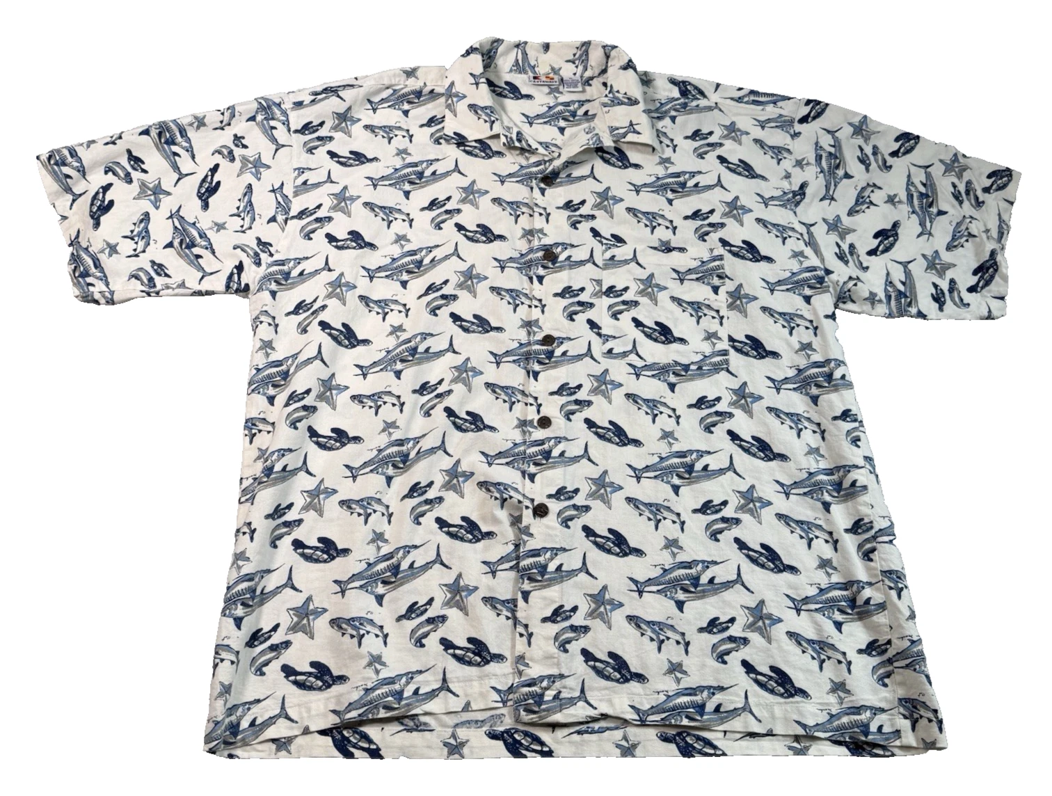 VTG Castaways Mens XL Ocean Life Themed Short Sleeve Hawaiian Shirt White Blue