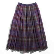 Ralph Lauren Vintage 80s Pleated Long Skirt L Wool Tartan Green Purple