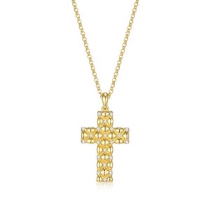 Authentic 17"+2" Gold-Plated Quilted Pattern CZ Cross Necklace Charles Garnier