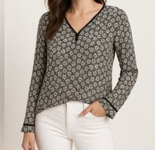 ZARA Basic Black Floral Lace-Up Sheer Blouse Size M