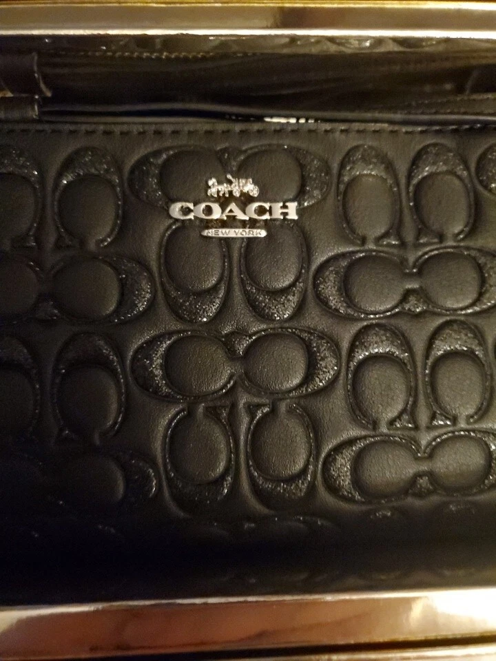 Nuovo con scatola! Portafoglio da polso COACH Pelle nera con logo glitter Articolo F80214