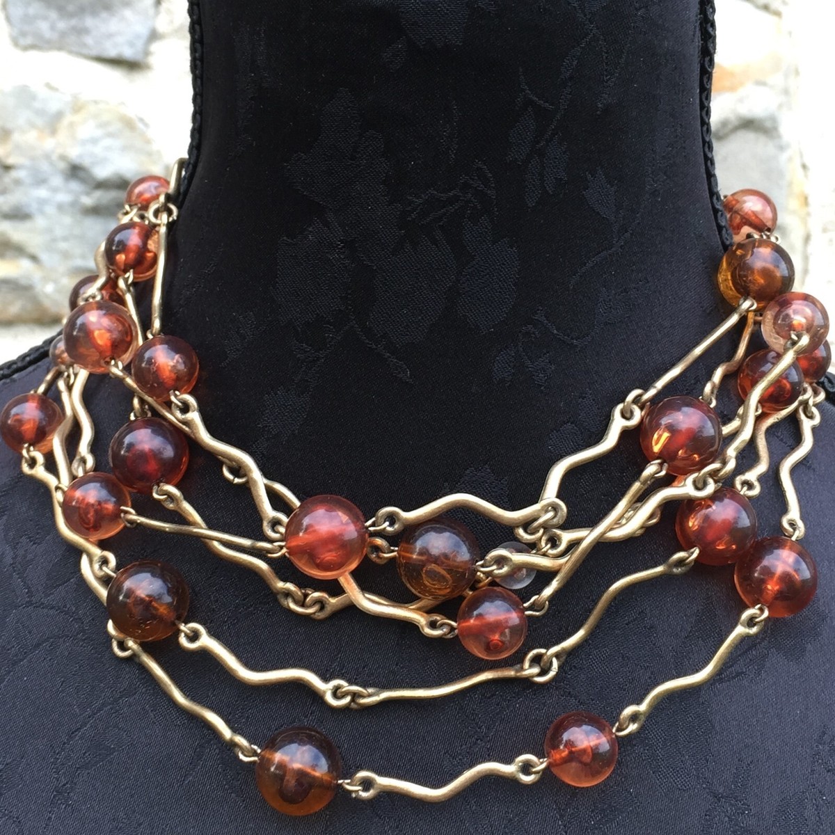 Collier 6 Rangs Biche De Bere, Perles Orange & Bronze Doré - Occasion En Bon état