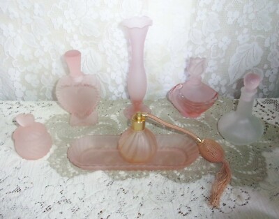 Elegant 7 Piece Pink Frosted Glass Dresser Set